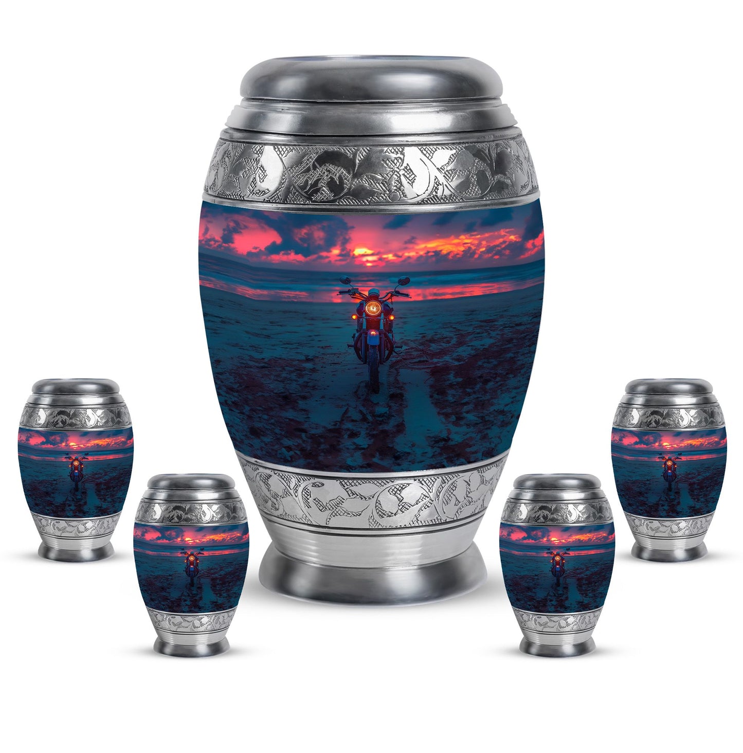Motorcycle Theme Large Urn With 4 Keepsake Urn