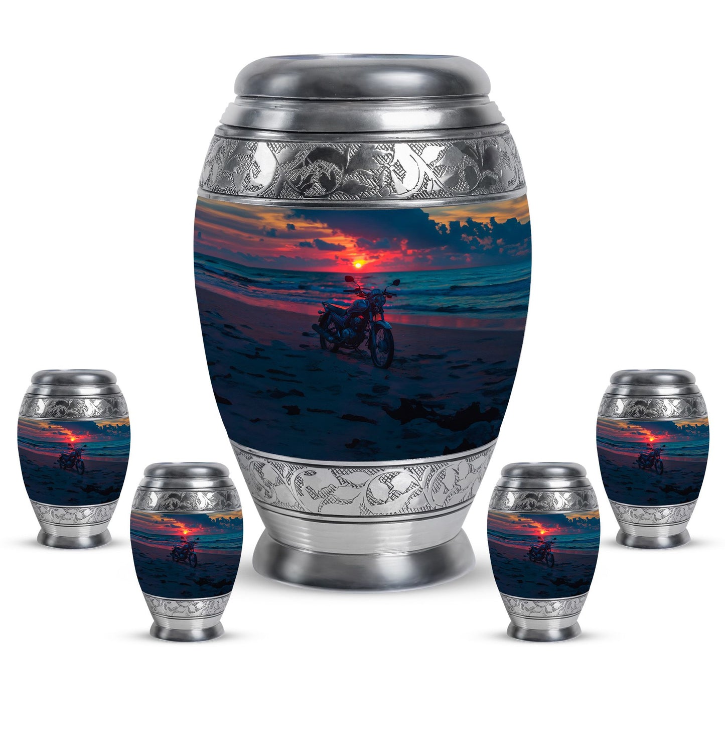 Motorcycle Theme Large Urn With 4 Keepsake Urn
