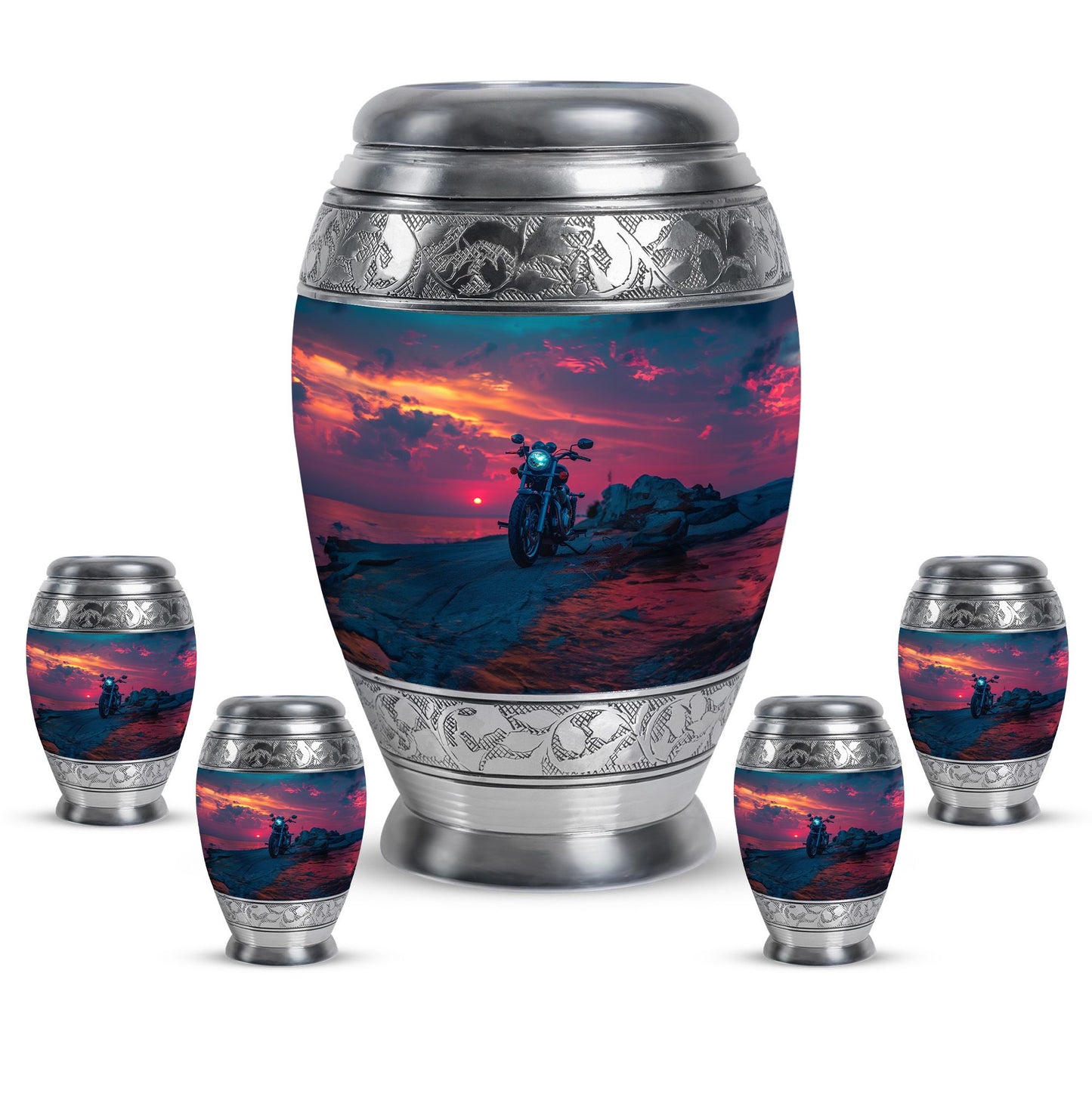 Motorcycle Theme Large Urn With 4 Keepsake Urn