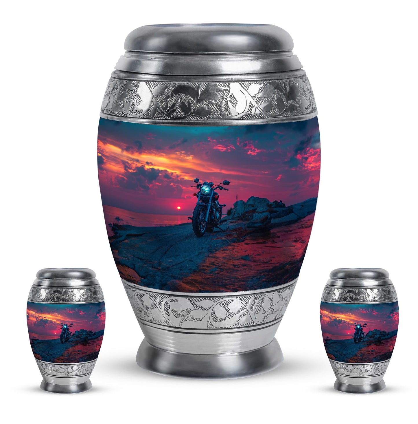 Motorcycle Theme Large Urn With 2 Keepsake Urn