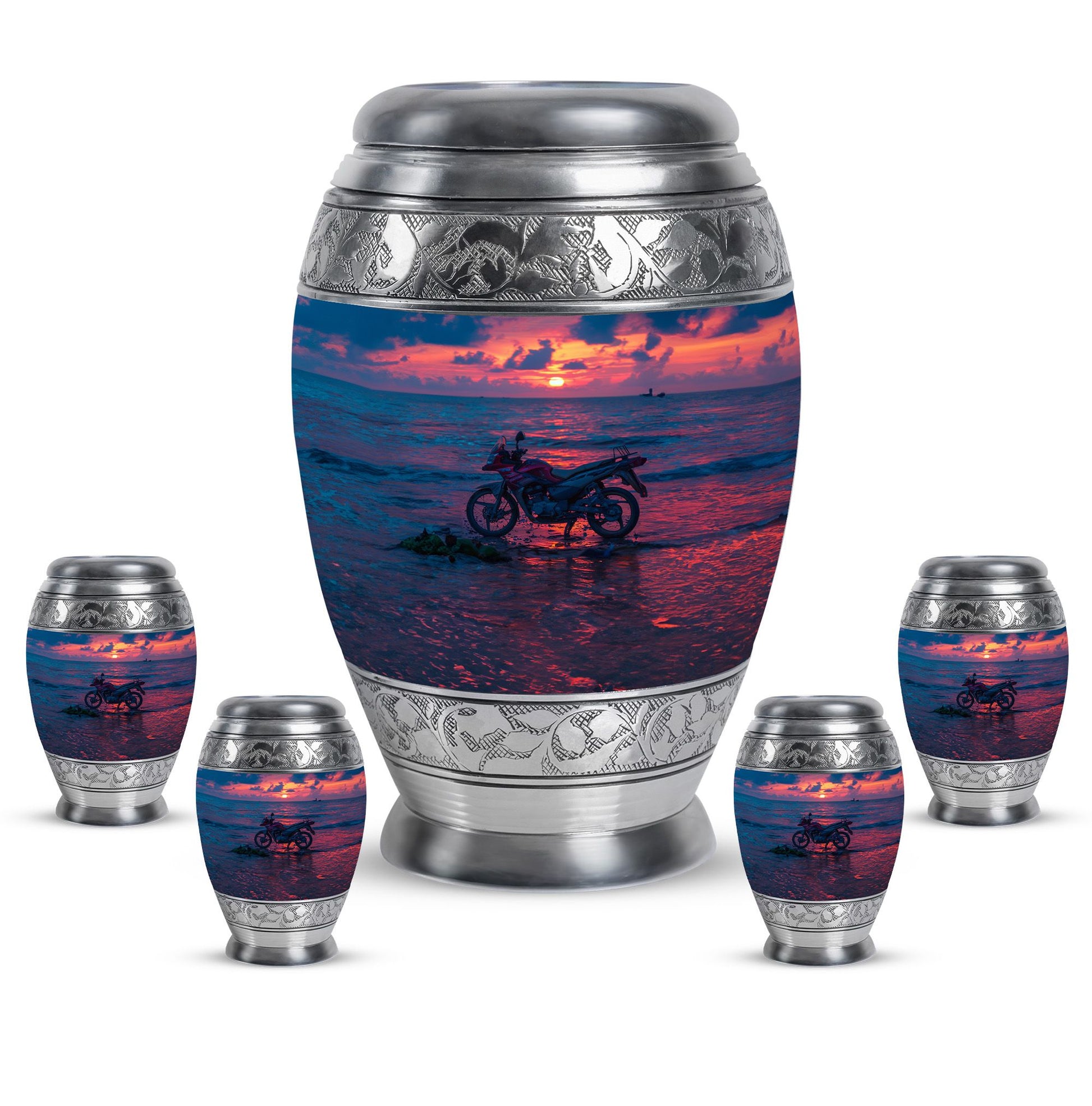 Motorcycle Theme Large Urn With 4 Keepsake Urn