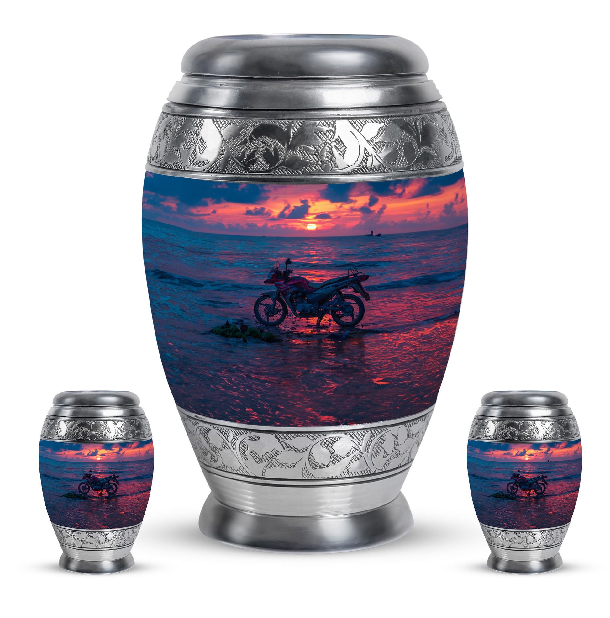 Motorcycle Theme Large Urn With 2 Keepsake Urn