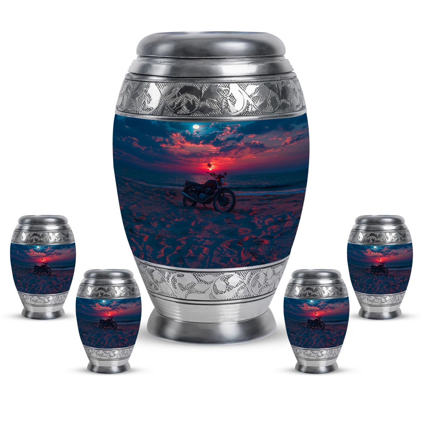 Motorcycle Theme Large Urn With 4 Keepsake Urn