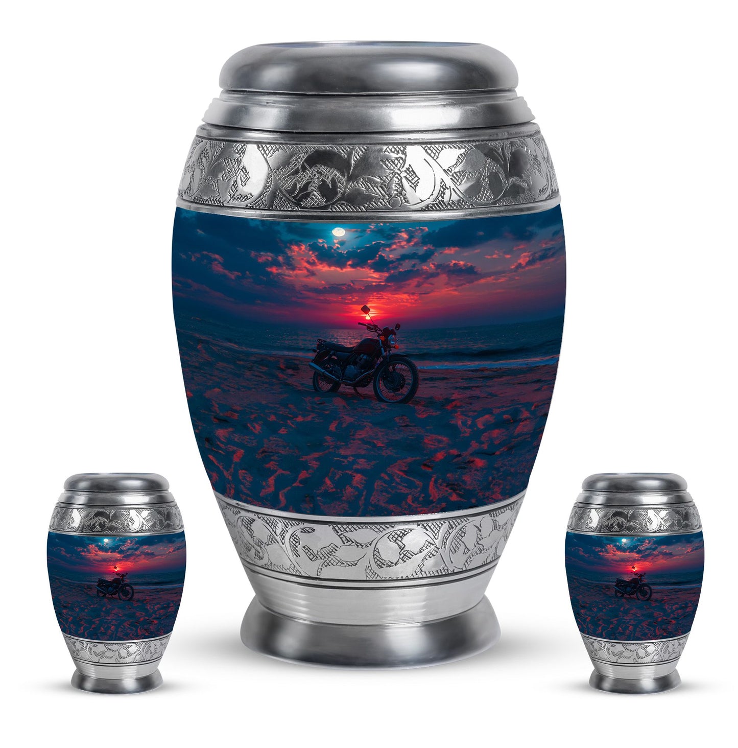 Motorcycle Theme Large Urn With 2 Keepsake Urn