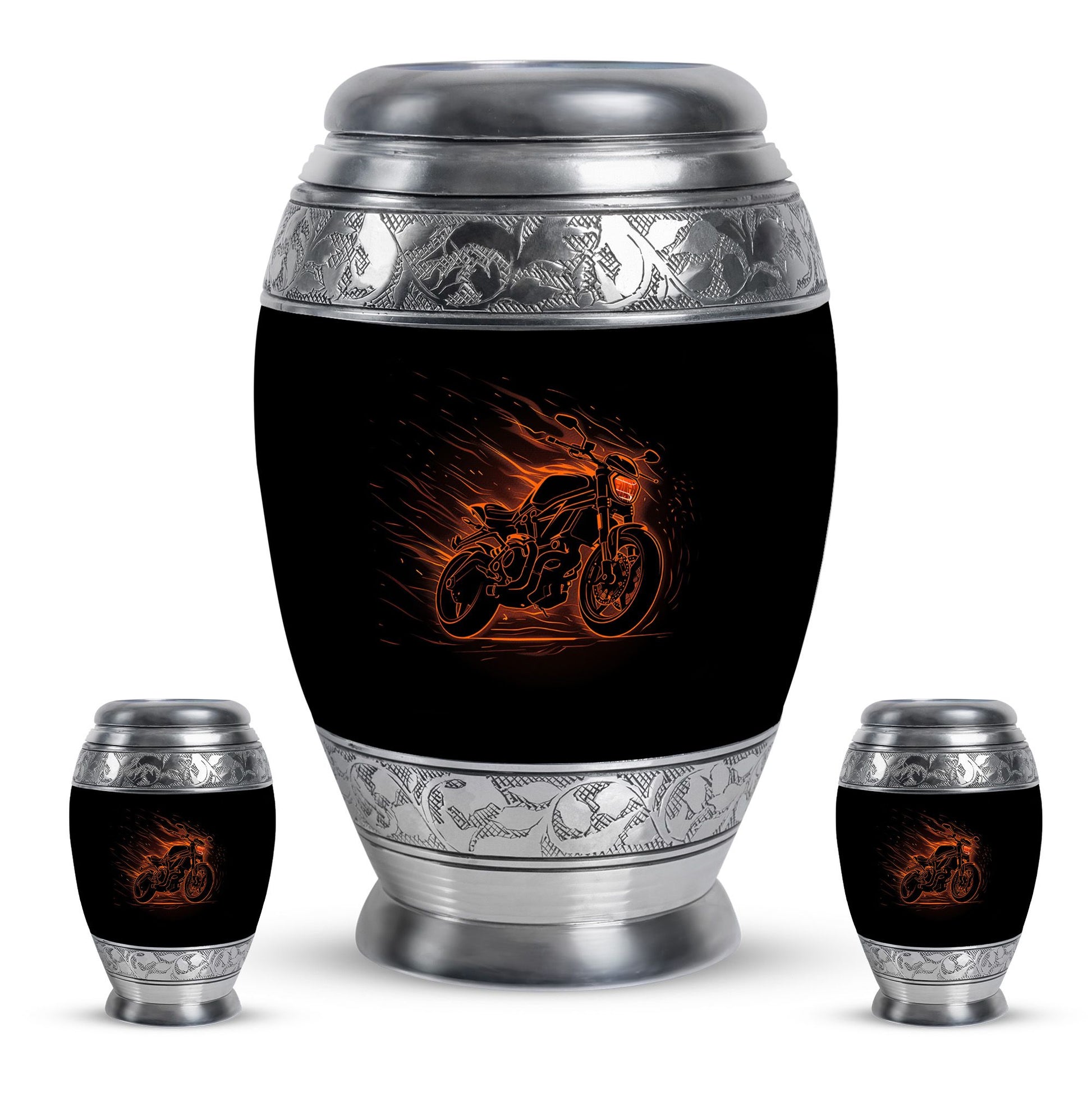 Motorcycle Theme Large Urn With 2 Keepsake Urn