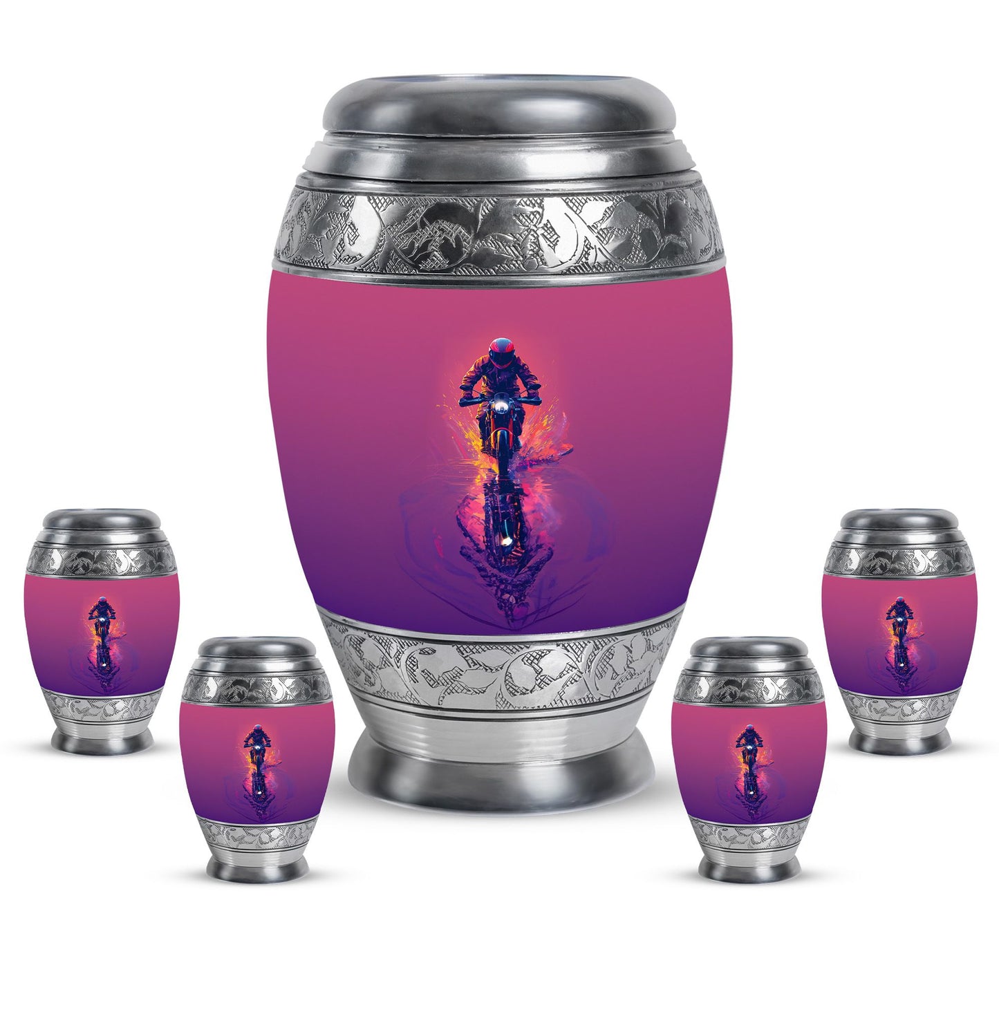 Motorcycle Theme Large Urn With 4 Keepsake Urn