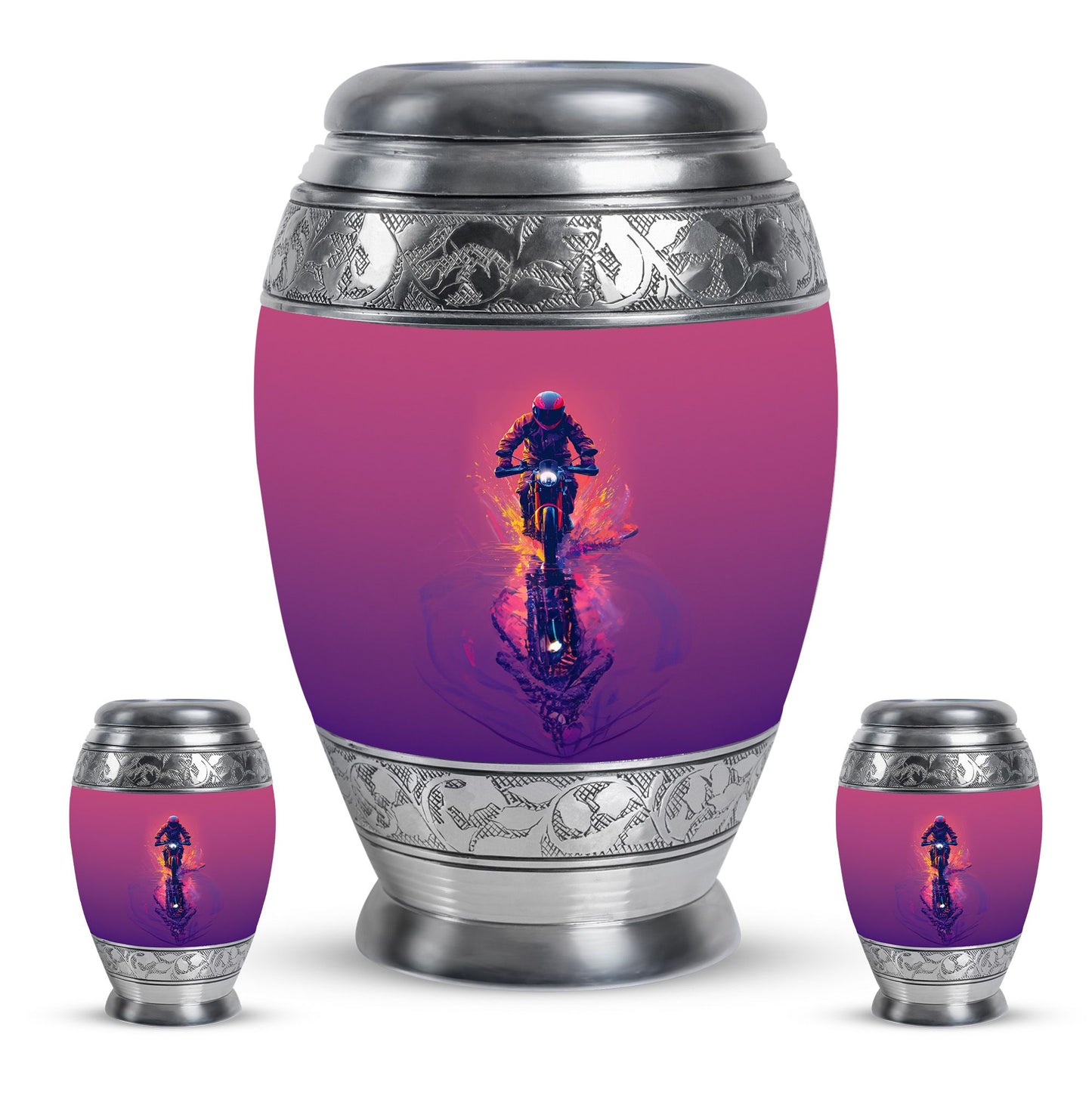 Motorcycle Theme Large Urn With 2 Keepsake Urn