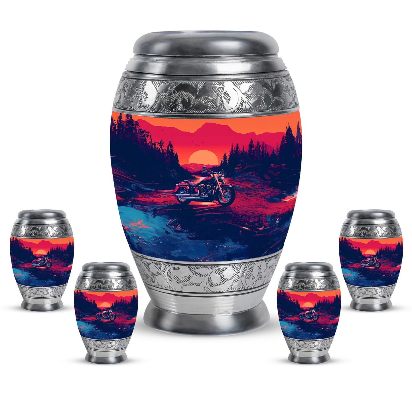 Motorcycle Theme Large Urn With 4 Keepsake Urn