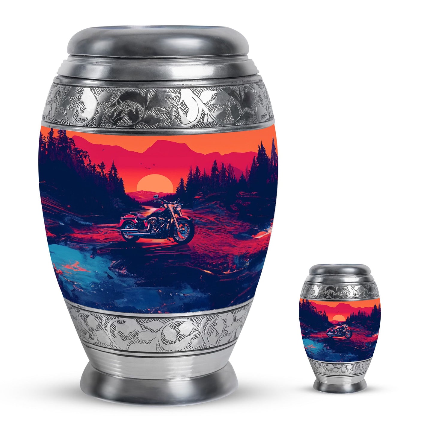 Motorcycle Theme Large Urn With 1 Keepsake Urn