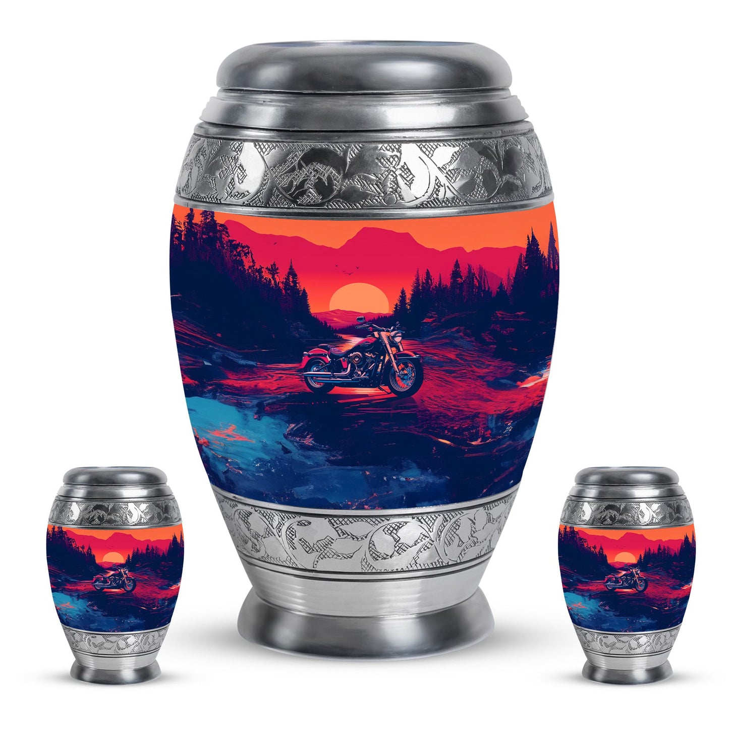 Motorcycle Theme Large Urn With 2 Keepsake Urn