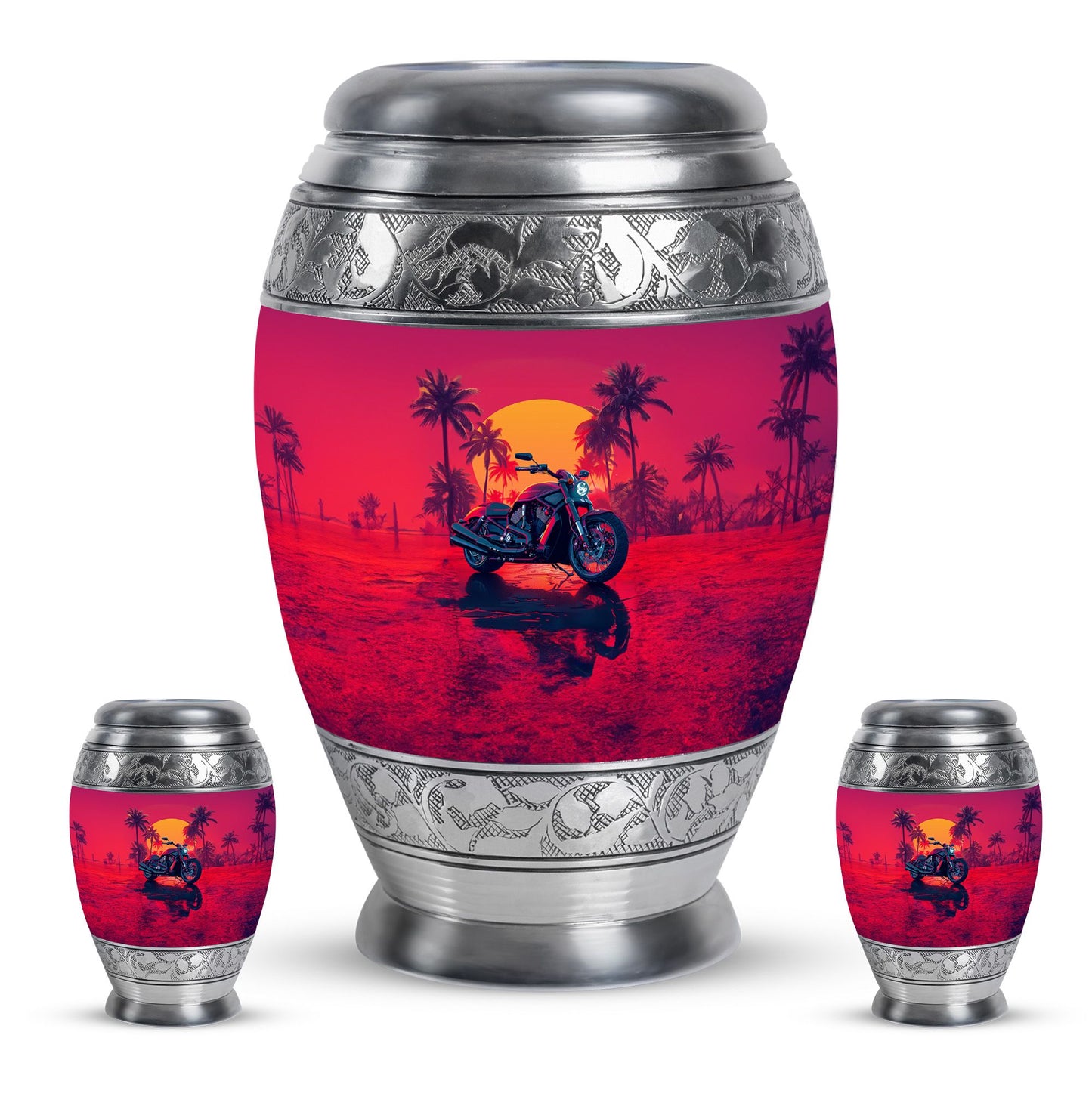Motorcycle Theme Large Urn With 2 Keepsake Urn