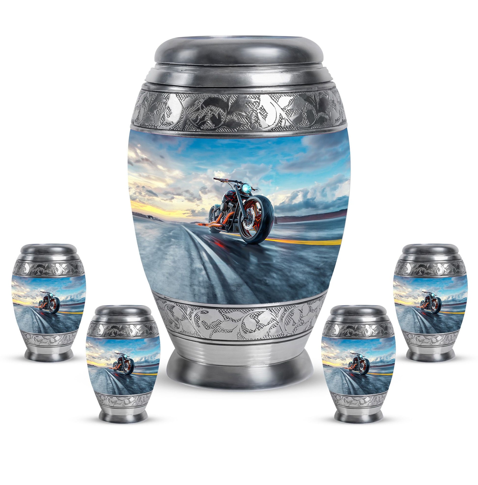 Motorcycle Theme Large Urn With 4 Keepsake Urn