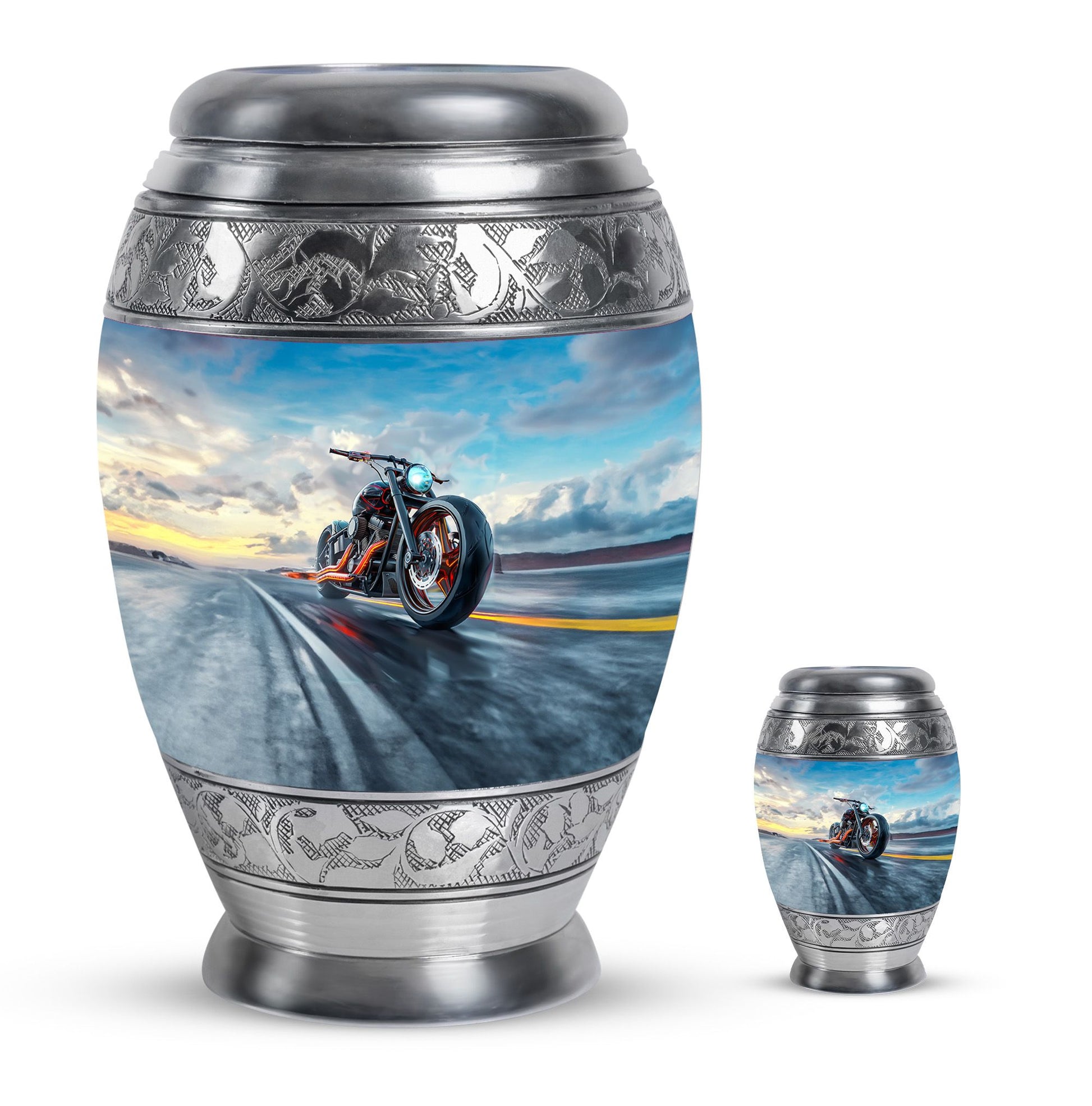 Motorcycle Theme Large Urn With 1 Keepsake Urn