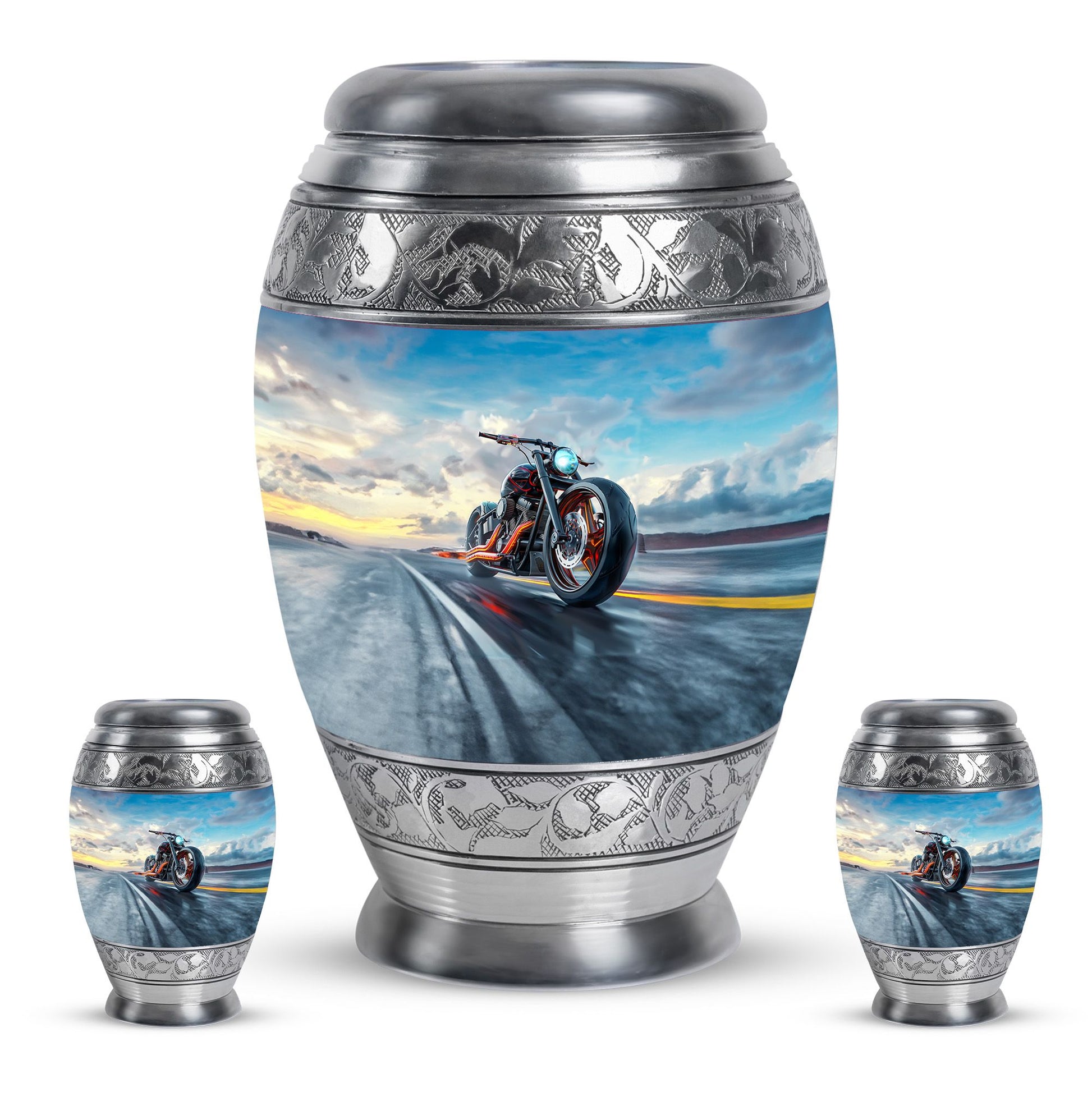 Motorcycle Theme Large Urn With 2 Keepsake Urn