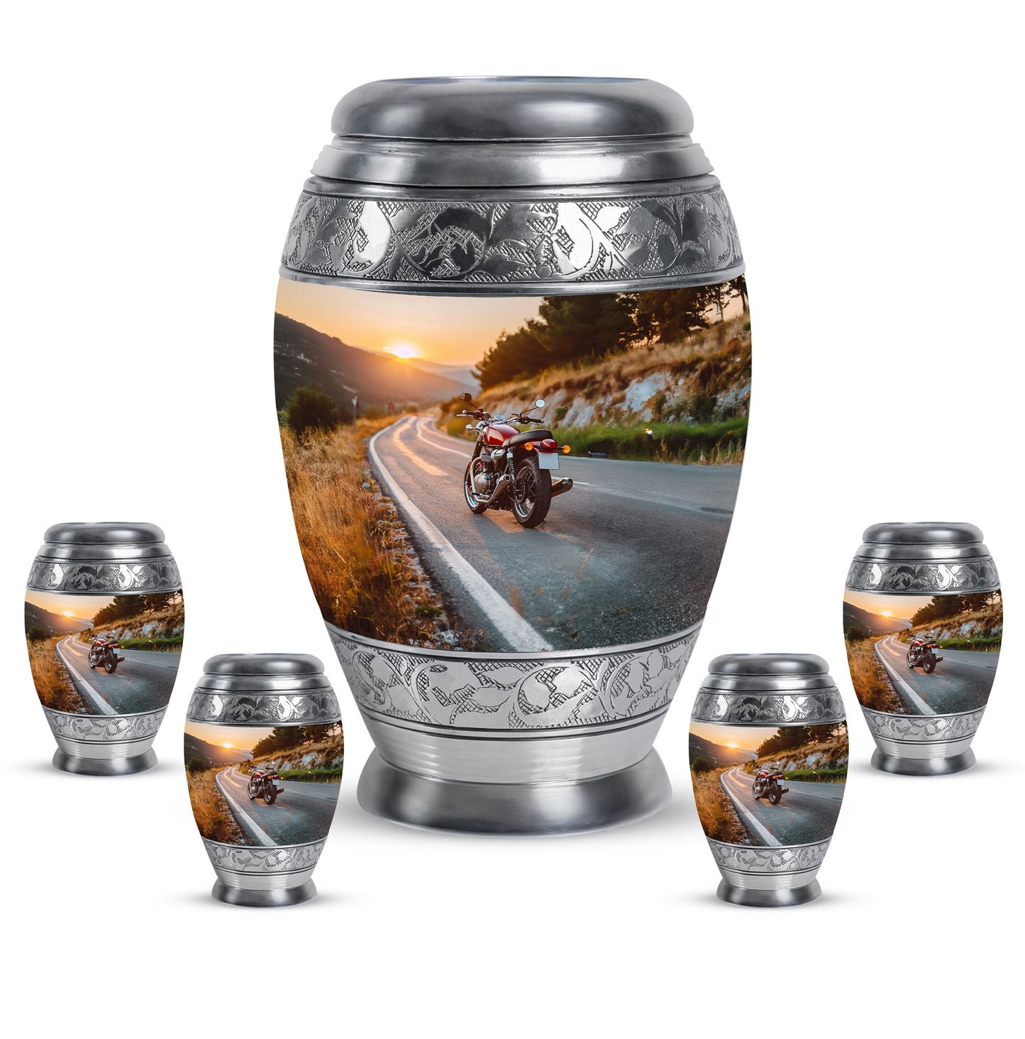 Motorcycle Theme Large Urn With 4 Keepsake Urn