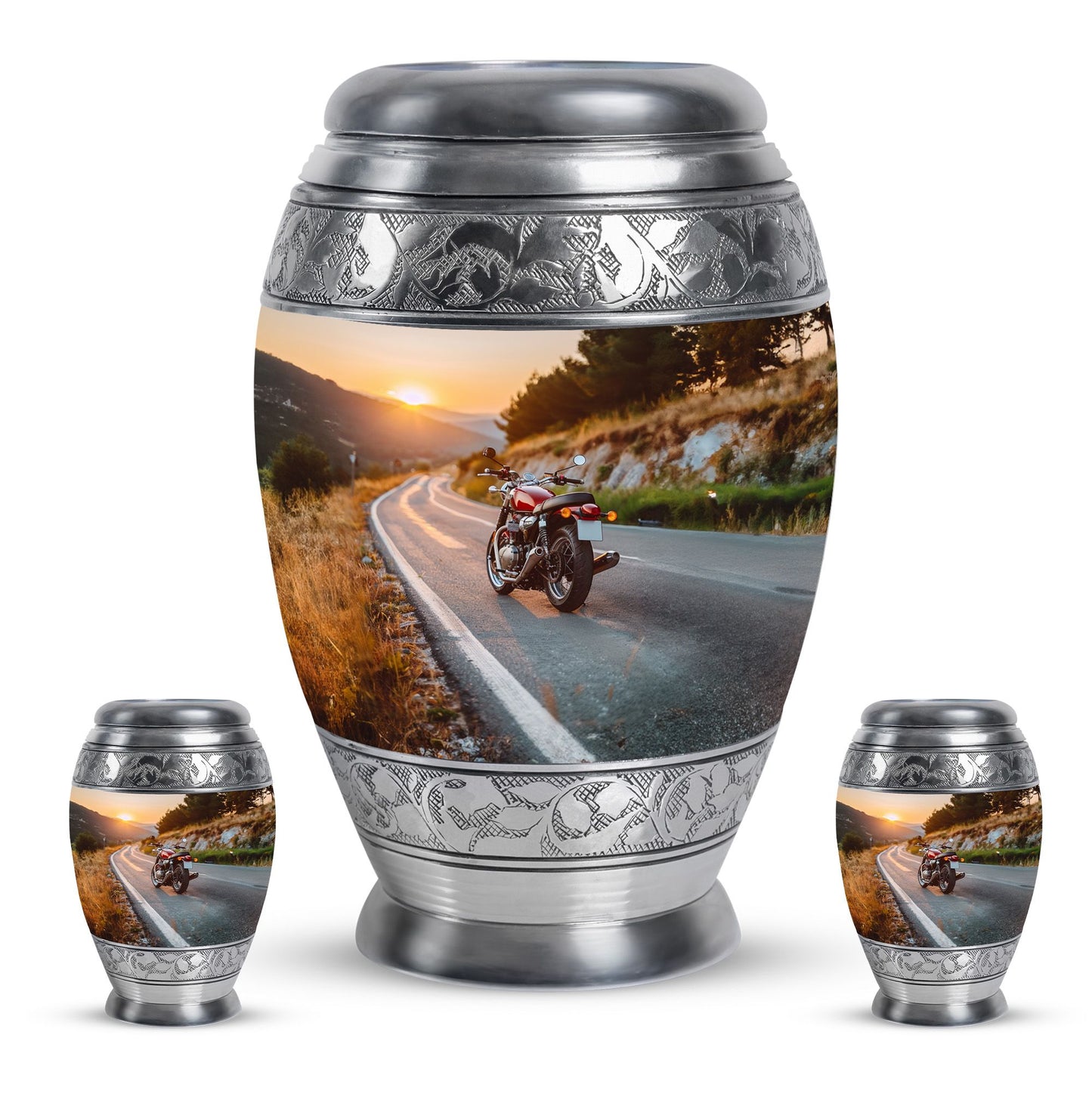 Motorcycle Theme Large Urn With 2 Keepsake Urn