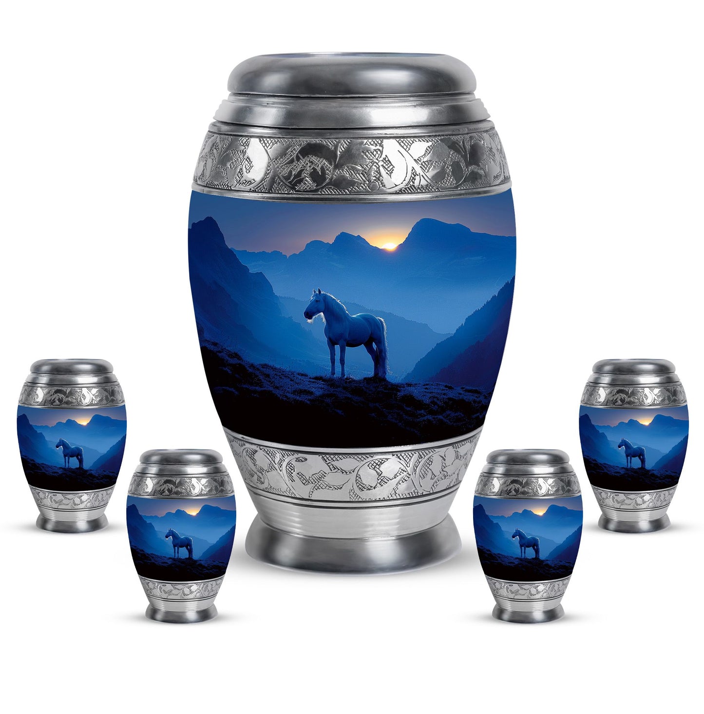 Horse Theme Large Urn With 4 Keepsake Urn
