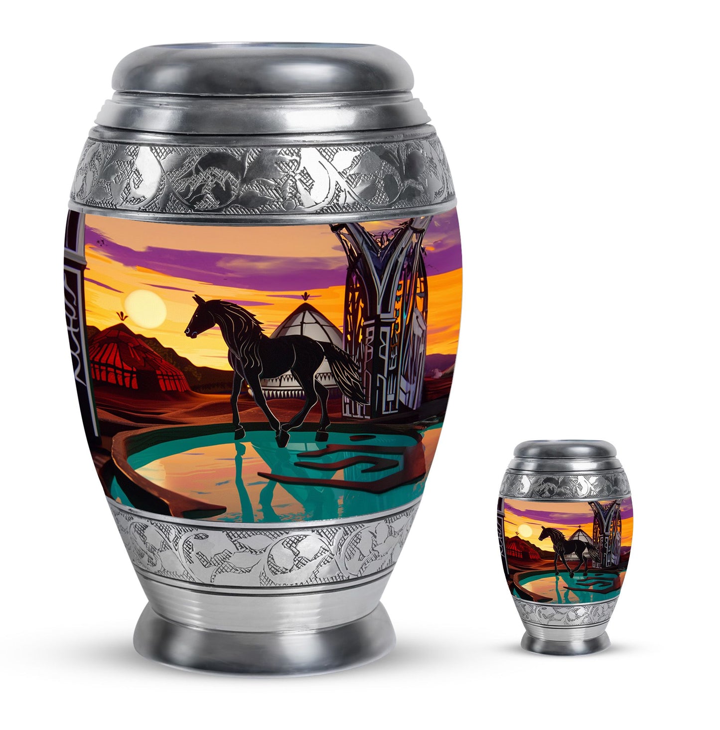 Horse Theme Large Urn With 1 Keepsake Urn