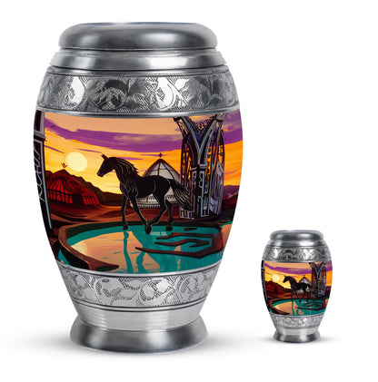 Horse Theme Large Urn With 1 Keepsake Urn