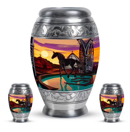 Horse Theme Large Urn With 2 Keepsake Urn