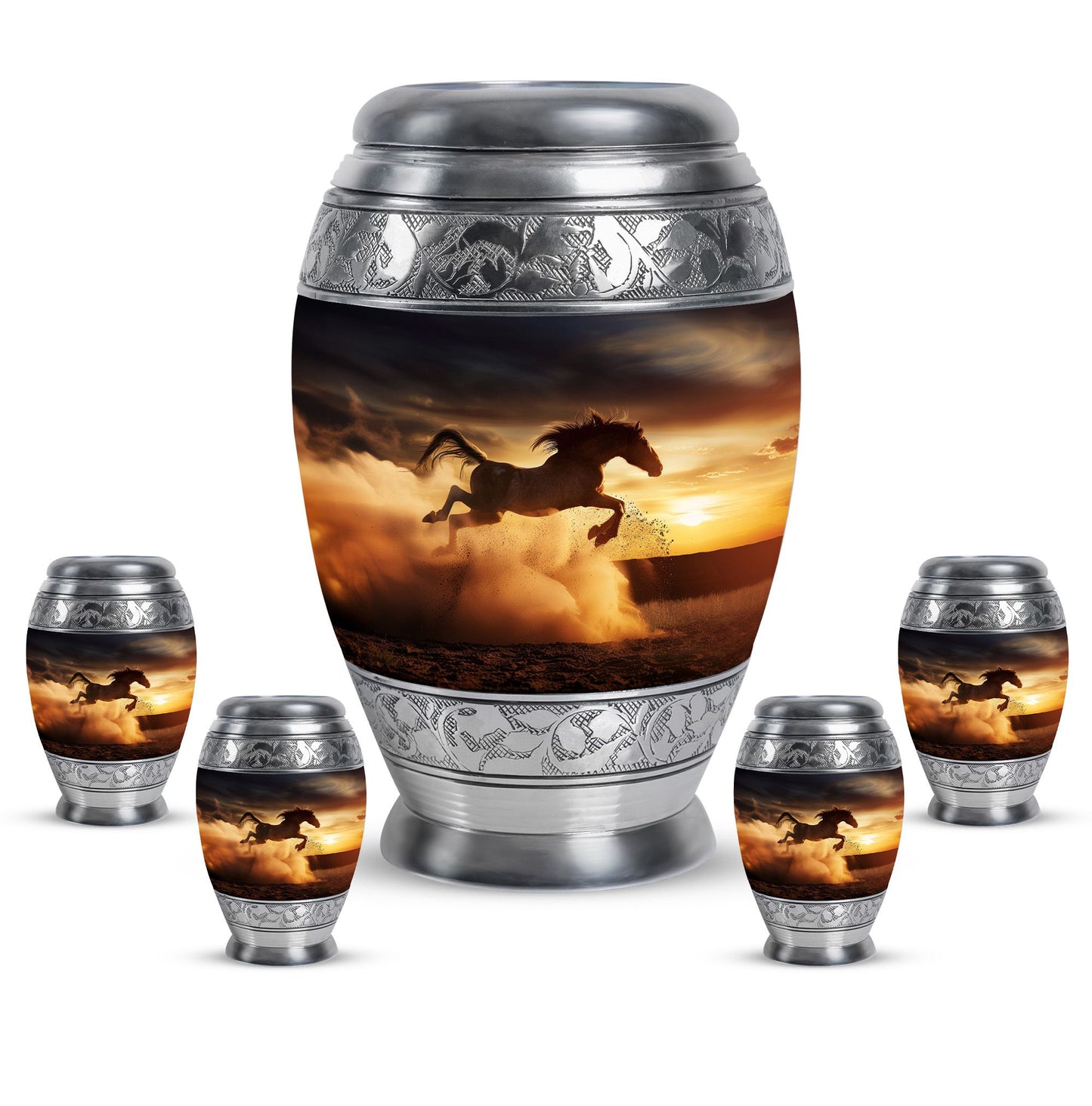 Horse Theme Large Urn With 4 Keepsake Urn