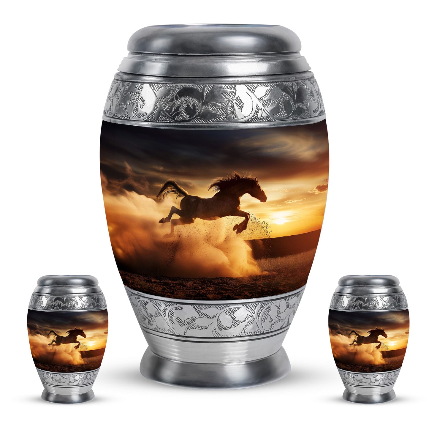 Horse Theme Large Urn With 2 Keepsake Urn