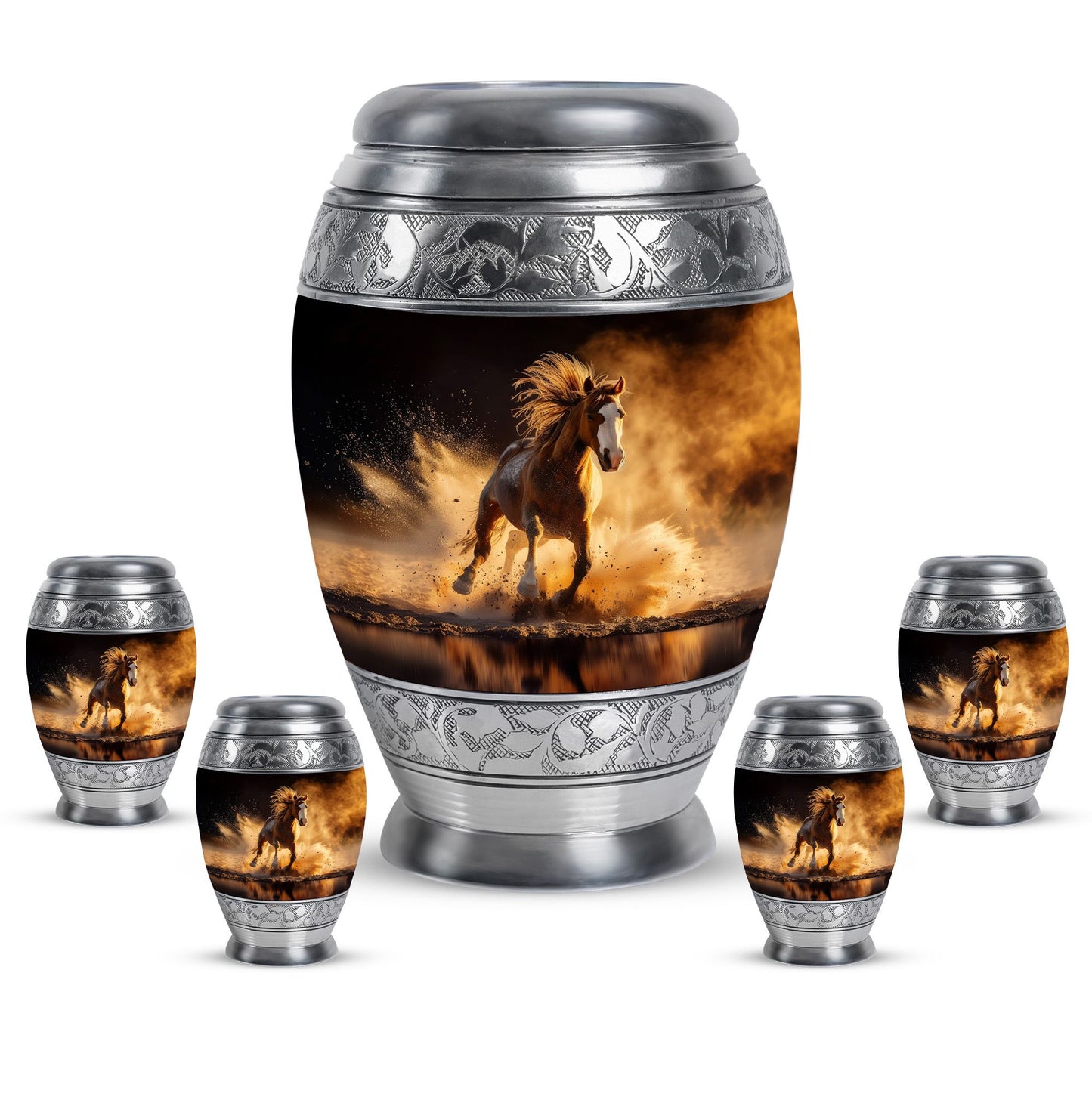 Horse Theme Large Urn With 4 Keepsake Urn