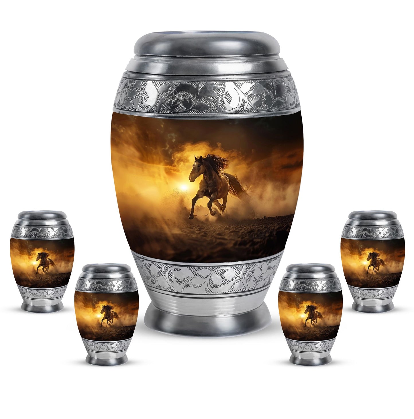 Horse Theme Large Urn With 4 Keepsake Urn