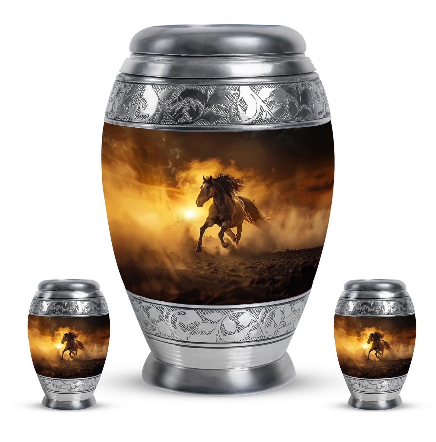 Horse Theme Large Urn With 2 Keepsake Urn