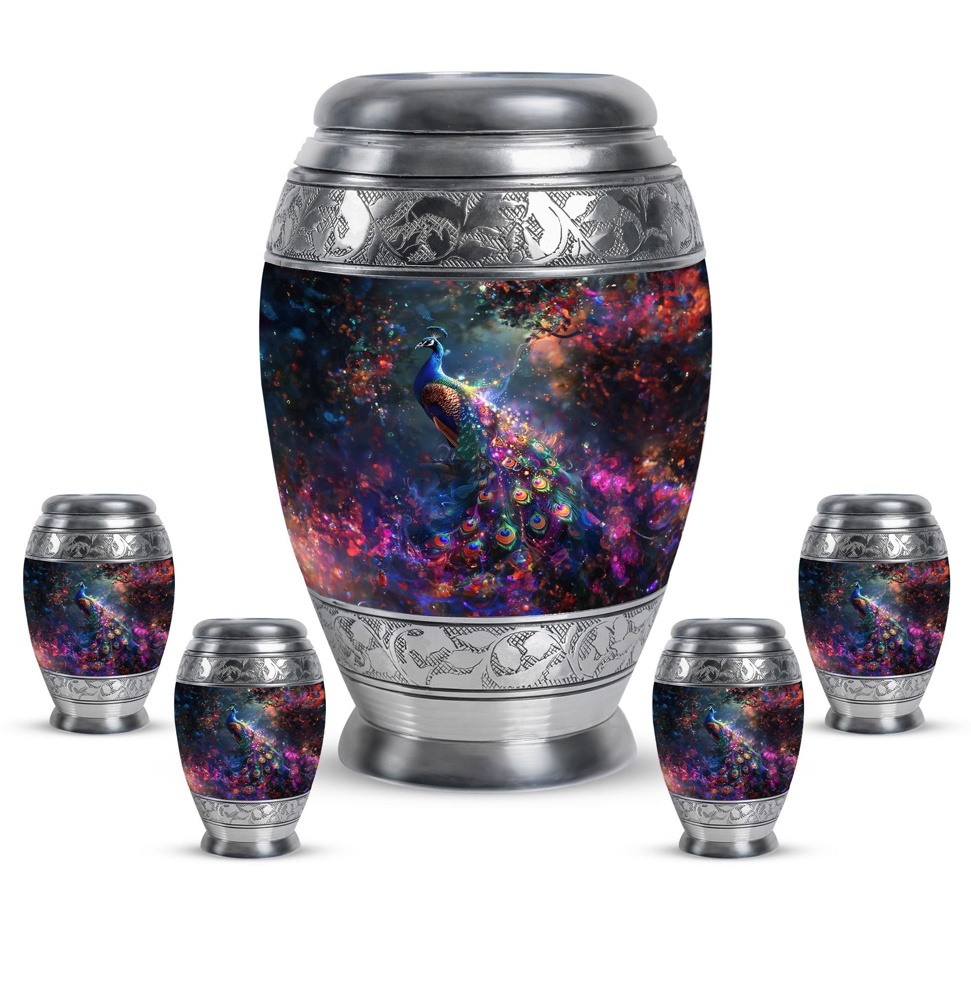 Peacock Theme Large Urn With 4 Keepsake Urn
