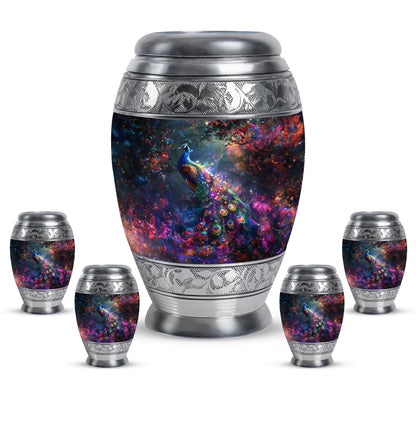 Peacock Theme Large Urn With 4 Keepsake Urn