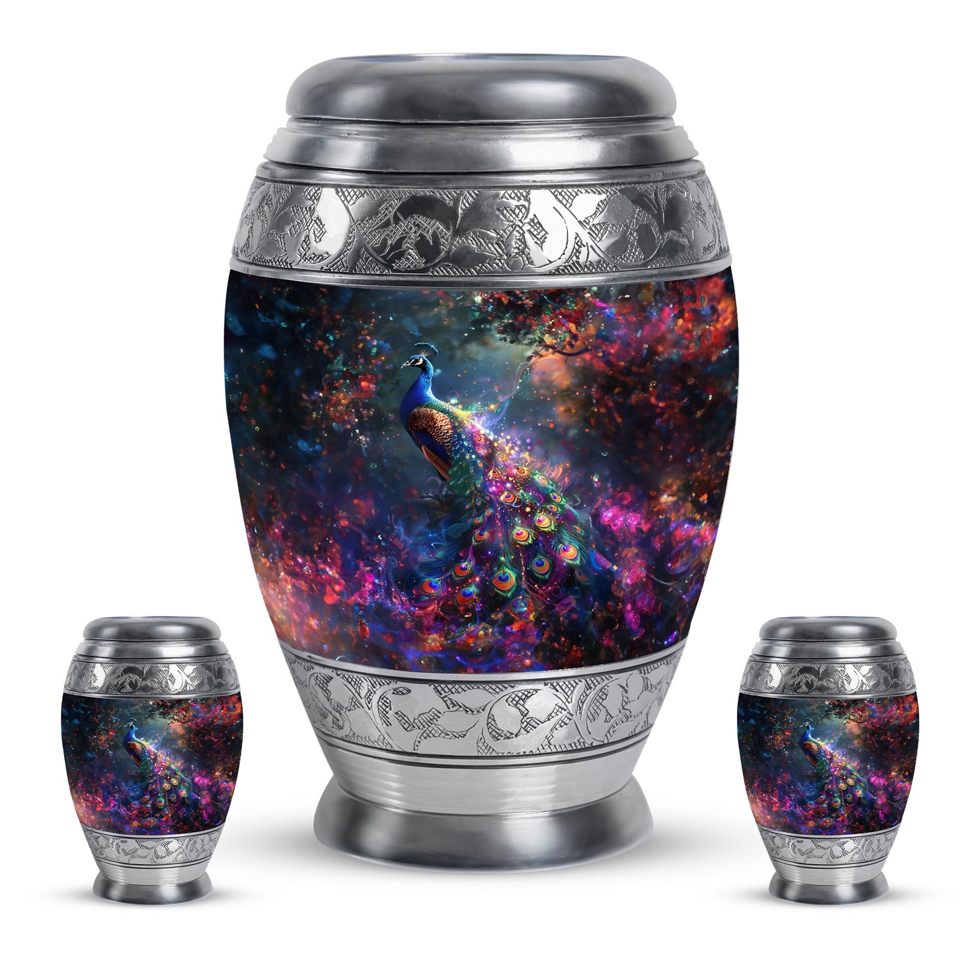 Peacock Theme Large Urn With 2 Keepsake Urn