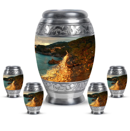 Peacock Theme Large Urn With 4 Keepsake Urn