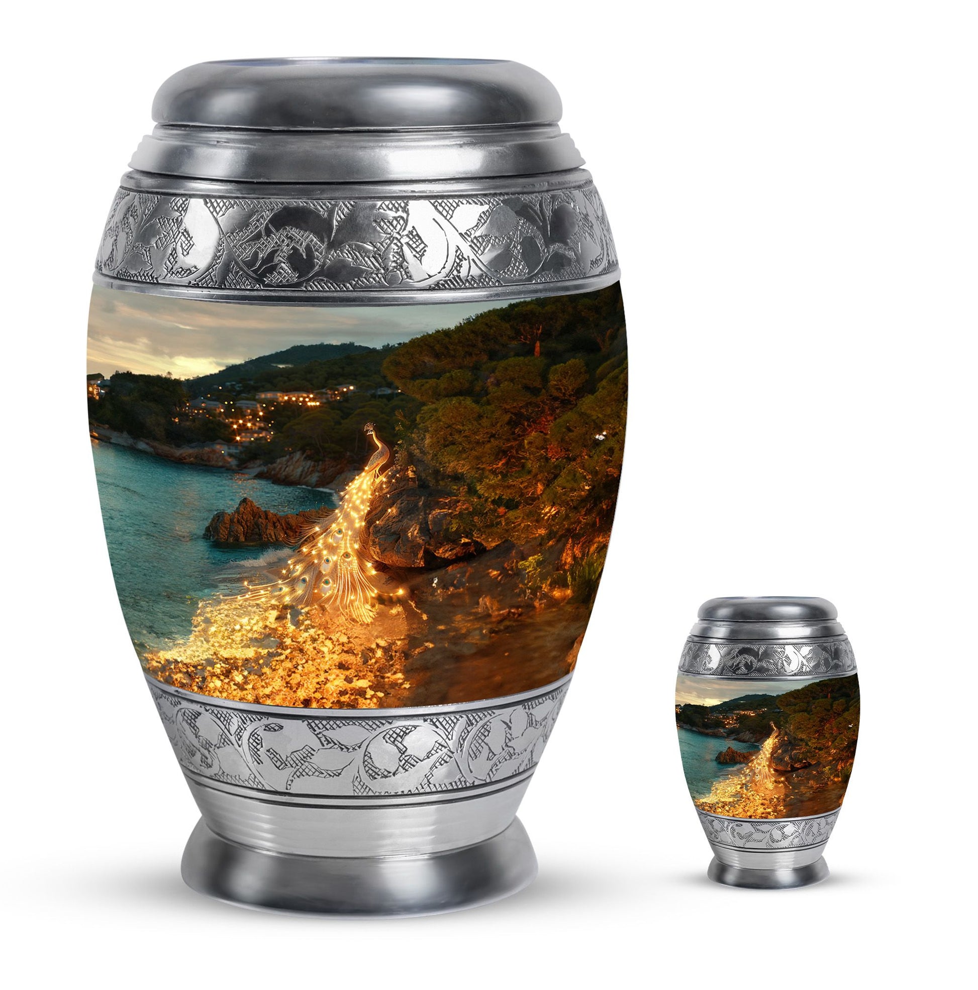 Peacock Theme Large Urn With 1 Keepsake Urn