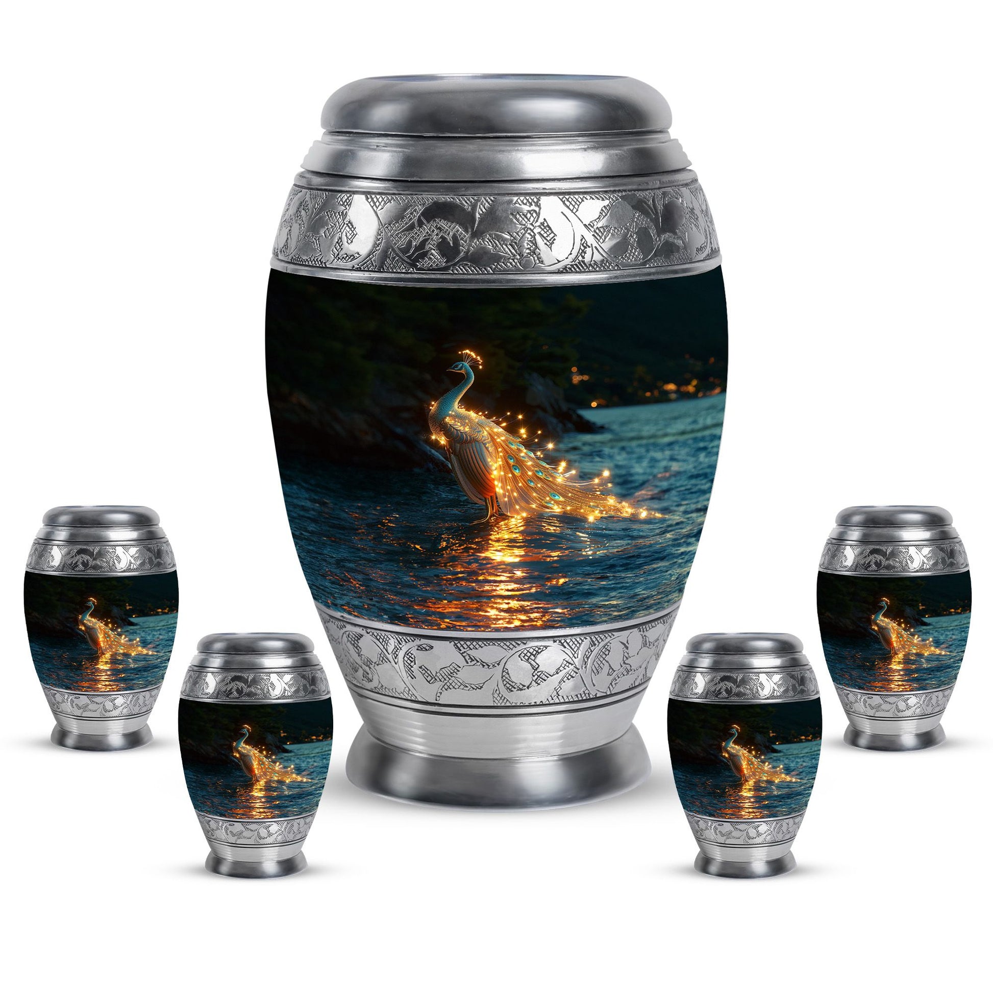 Peacock Theme Large Urn With 4 Keepsake Urn