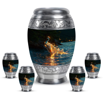 Peacock Theme Large Urn With 4 Keepsake Urn