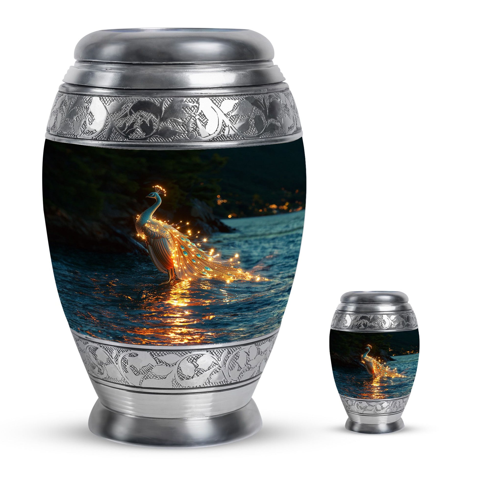 Peacock Theme Large Urn With 1 Keepsake Urn