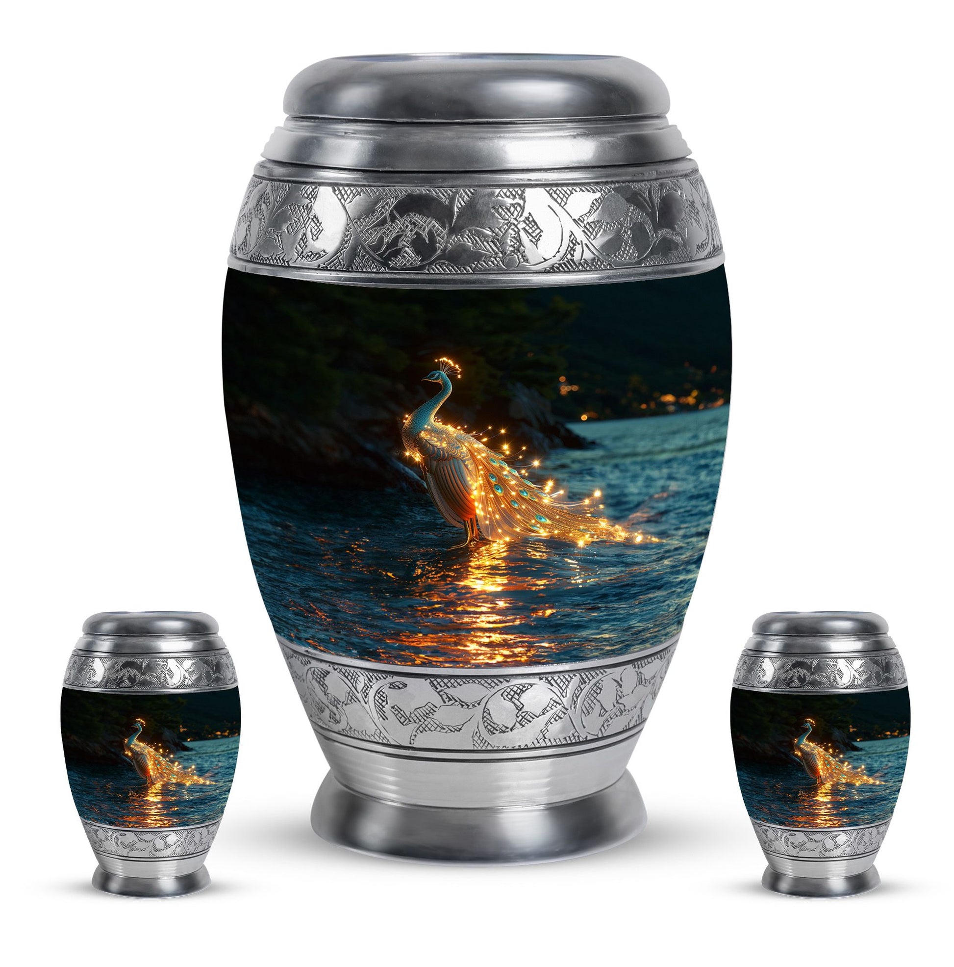 Peacock Theme Large Urn With 2 Keepsake Urn