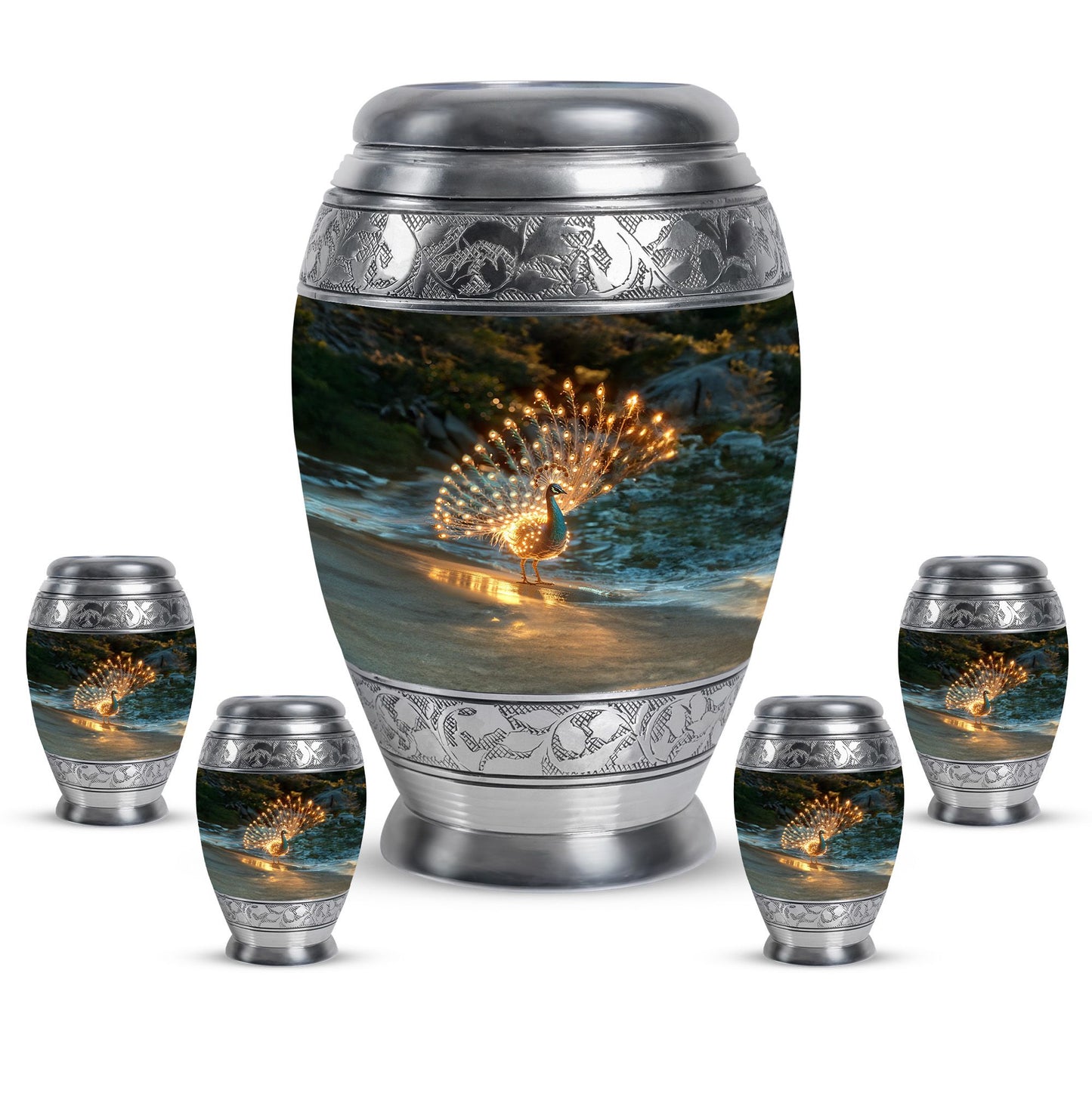 Peacock Theme Large Urn With 4 Keepsake Urn