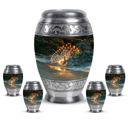 Peacock Theme Large Urn With 4 Keepsake Urn