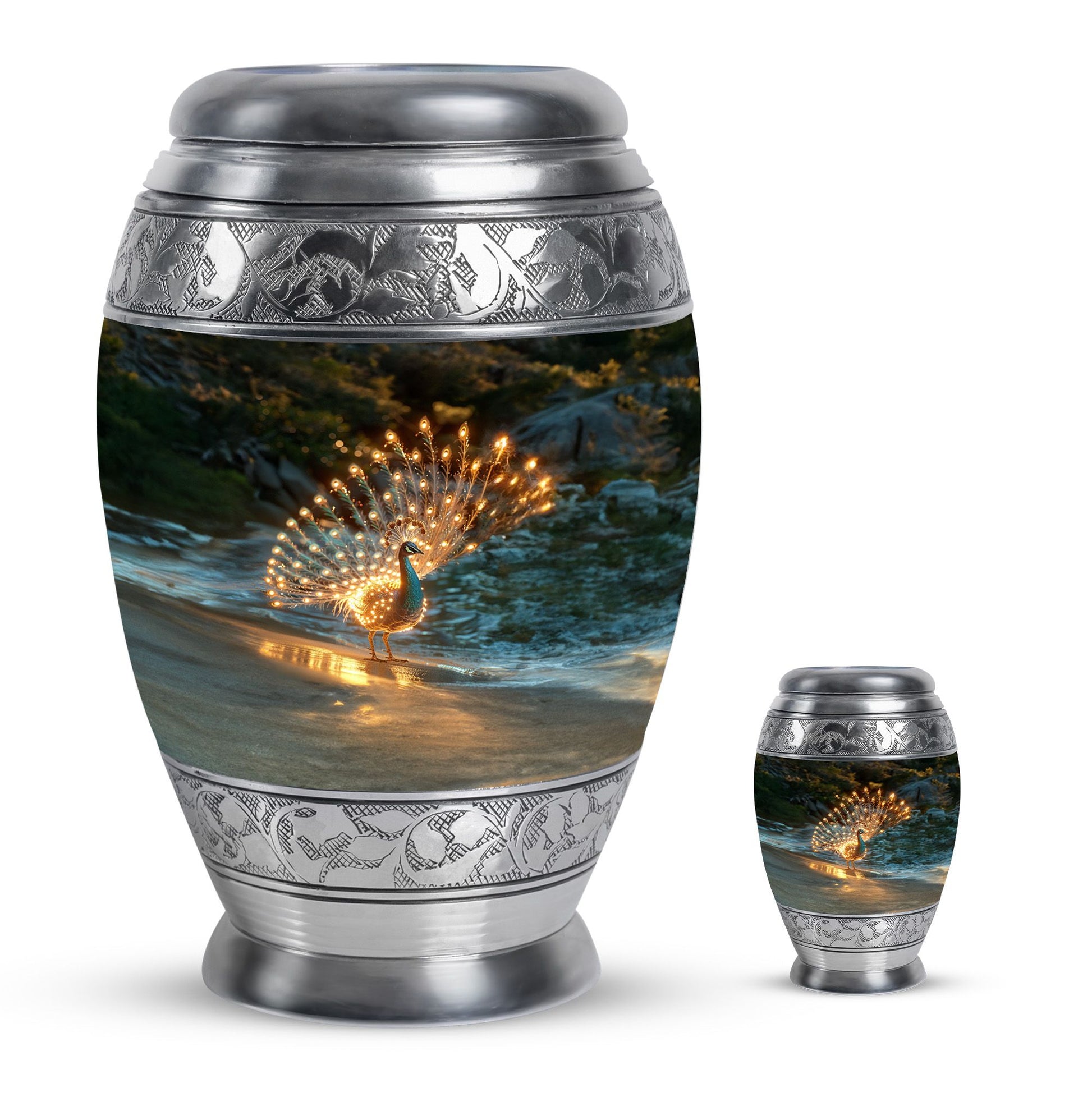 Peacock Theme Large Urn With 1 Keepsake Urn