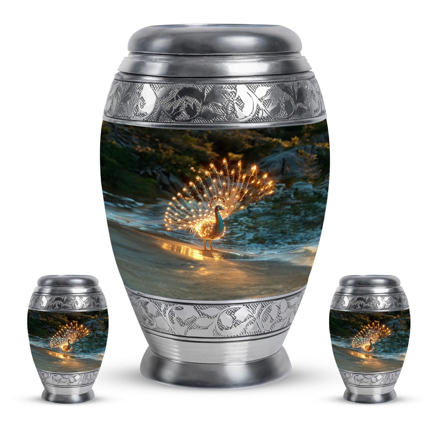 Peacock Theme Large Urn With 2 Keepsake Urn
