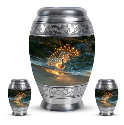 Peacock Theme Large Urn With 2 Keepsake Urn