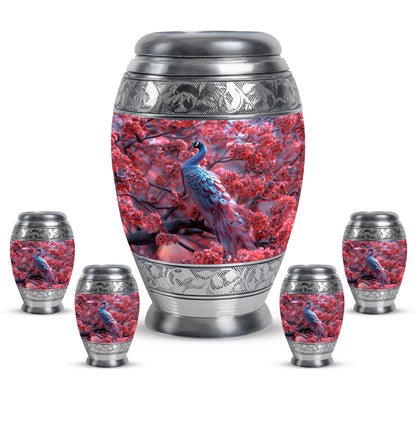 Peacock Theme Large Urn With 4 Keepsake Urn