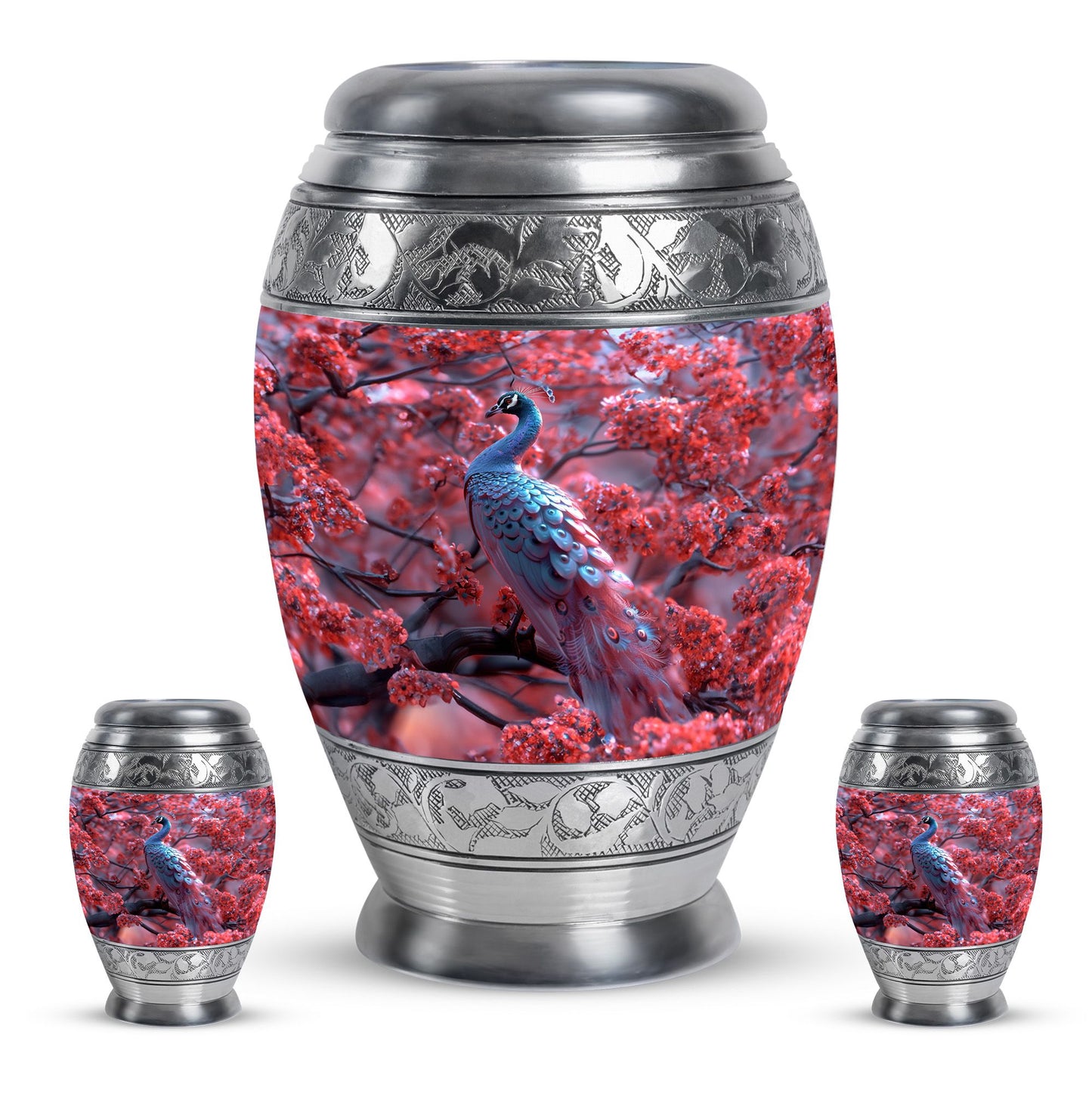 Peacock Theme Large Urn With 2 Keepsake Urn