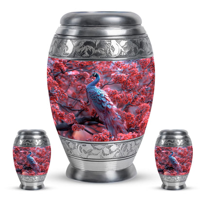 Peacock Theme Large Urn With 2 Keepsake Urn