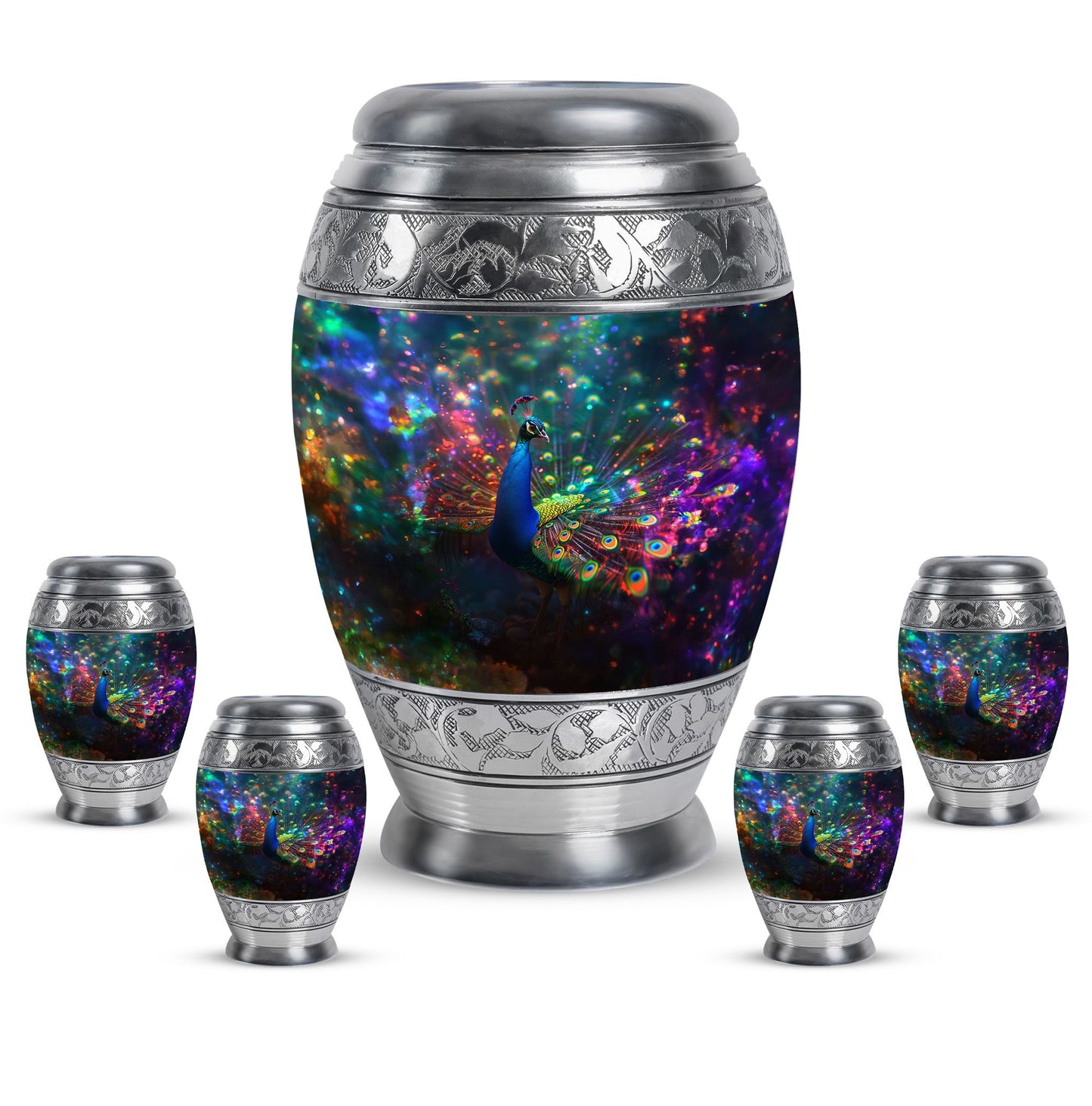 Peacock Theme Large Urn With 4 Keepsake Urn