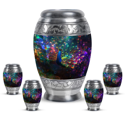 Peacock Theme Large Urn With 4 Keepsake Urn