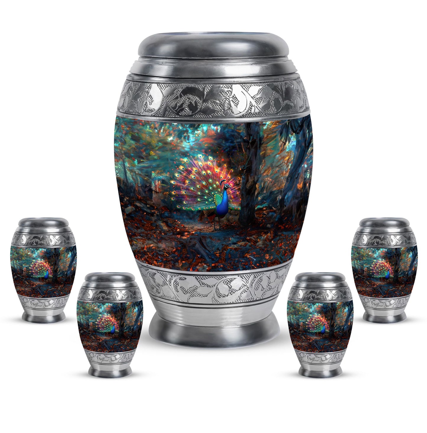 Peacock Theme Large Urn With 4 Keepsake Urn