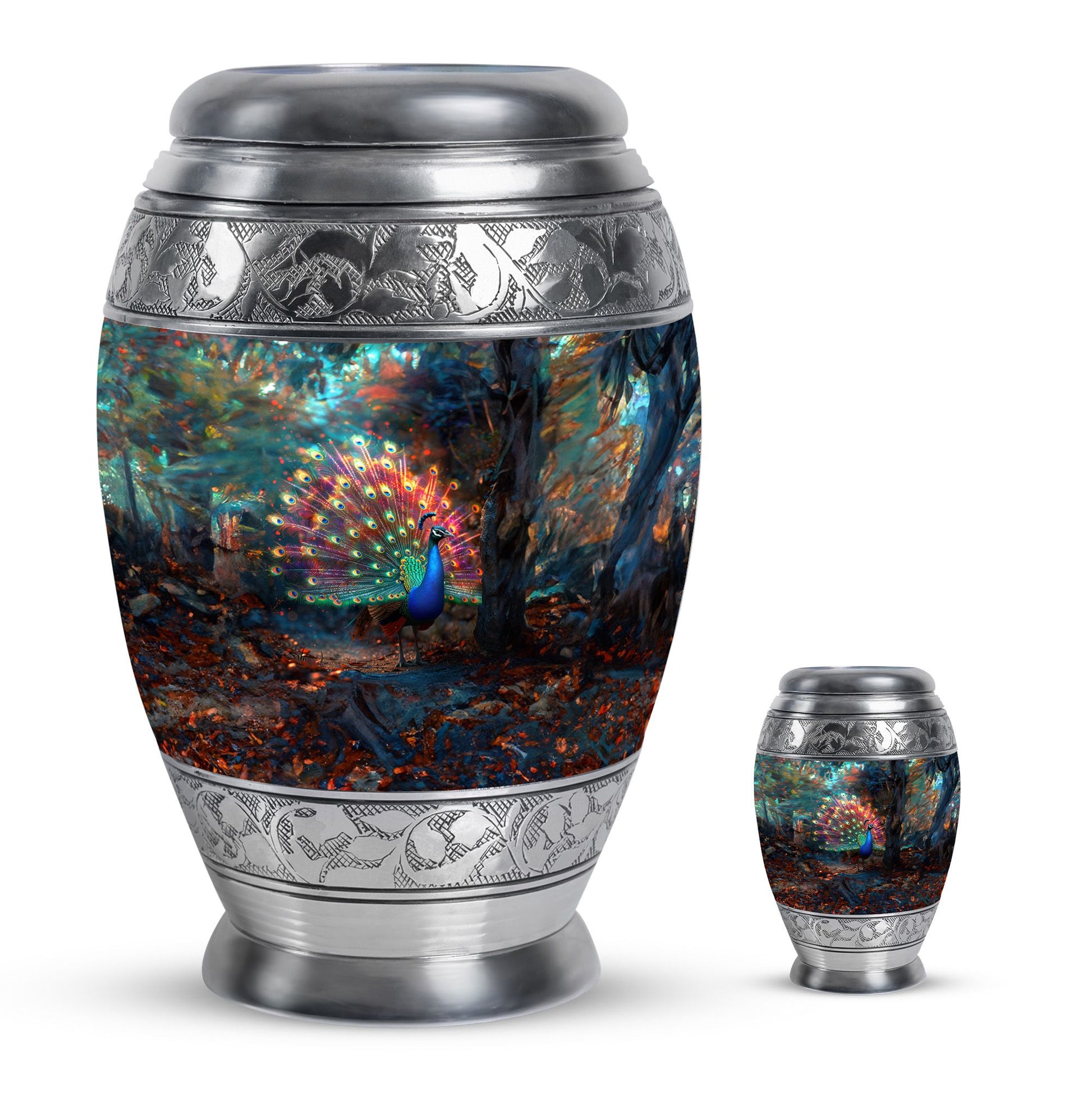 Peacock Theme Large Urn With 1 Keepsake Urn